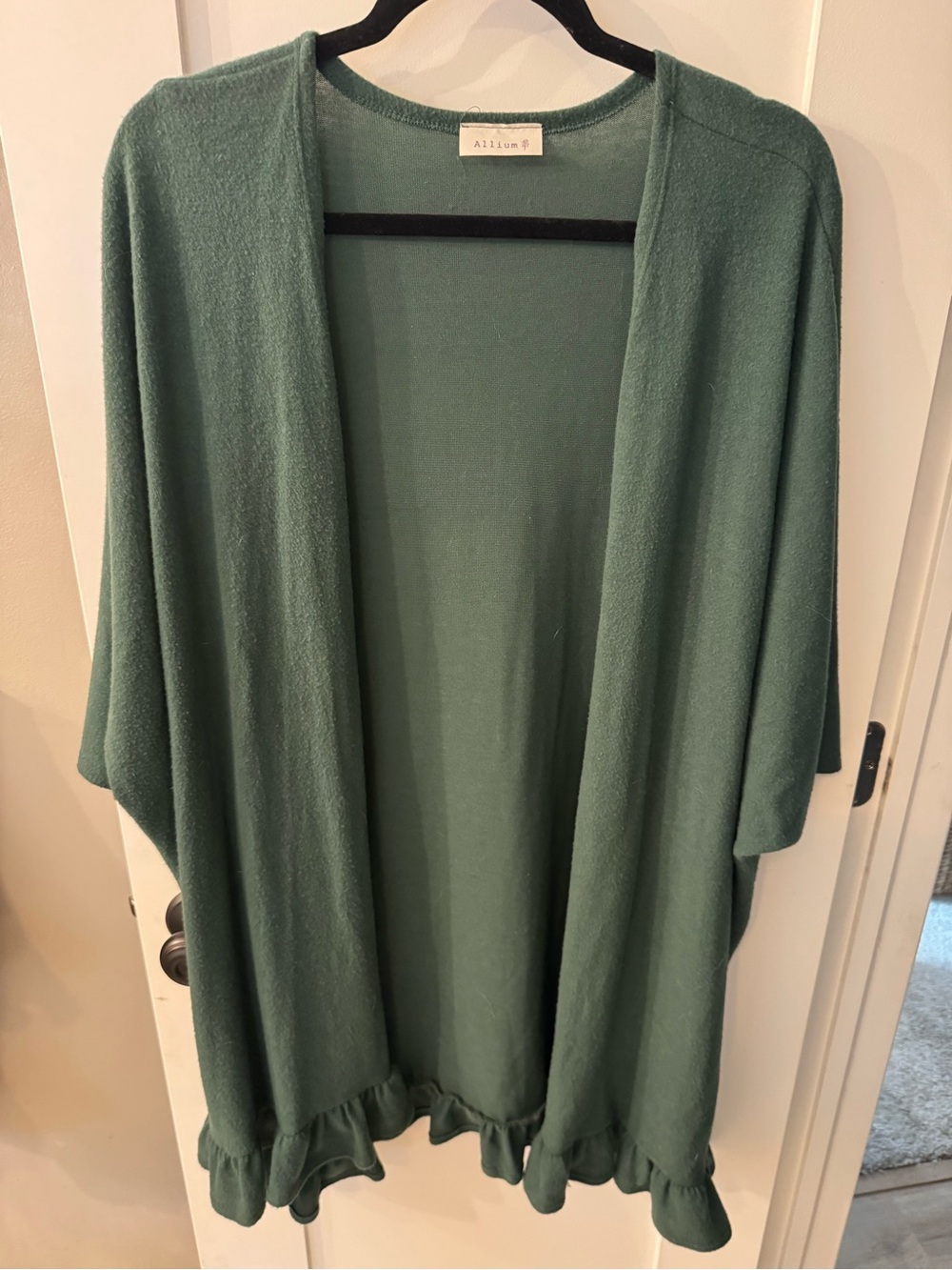 Allium Green Open-Front Ruffle-Hem Sweater Cardigan OS